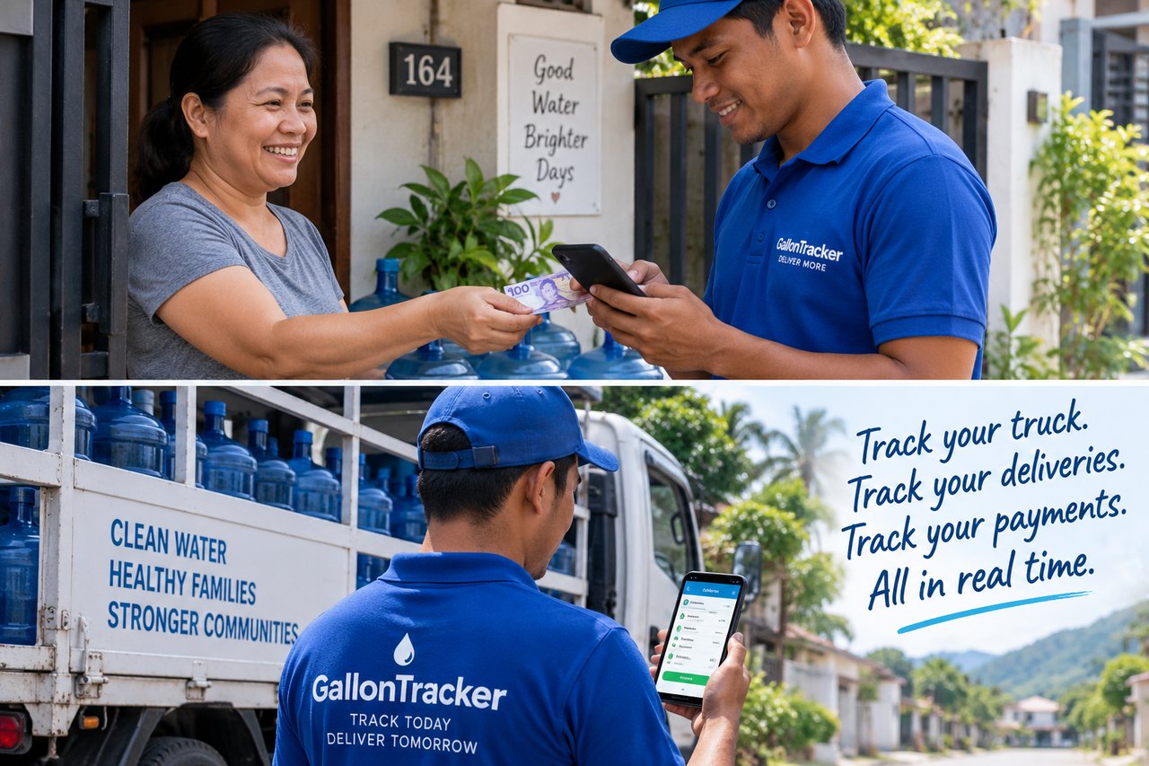 Customer pays a water delivery worker who records the transaction in GallonTracker beside a delivery truck