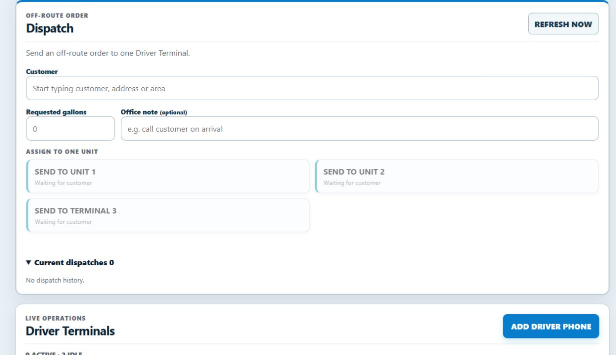 Owner Terminal showing Dispatch and Driver Terminals with safe demo data