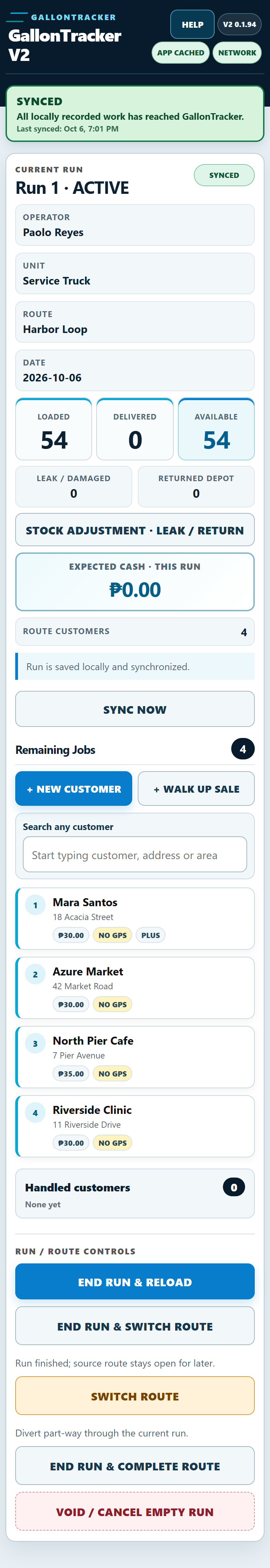 Current GallonTracker Driver phone showing an active route and synchronized customer work