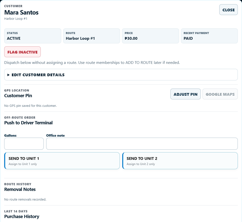 Current Customer Lookup showing customer status, route, price, and recent payment