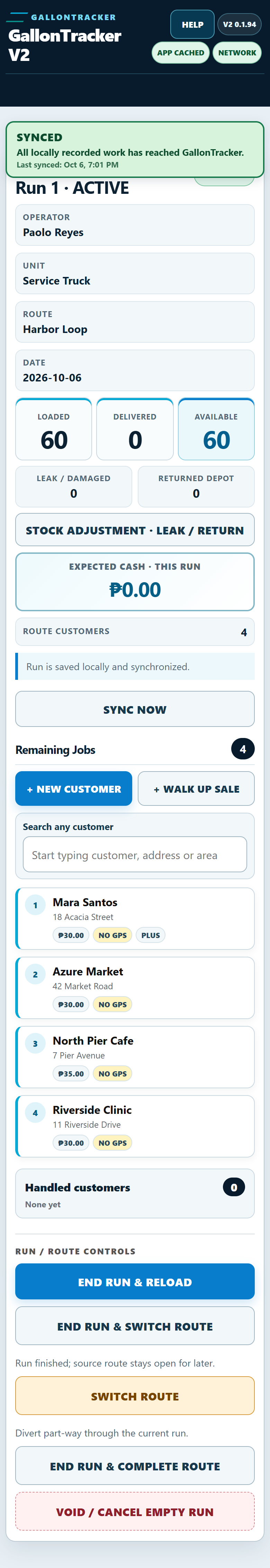 Current GallonTracker Driver Terminal showing an active route, truck stock, and remaining customer stops